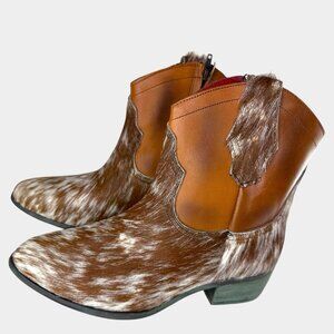 Alcala's Johnny Brown White Cow Hair Women 100% Leather Cowboy Boots Size 8.5